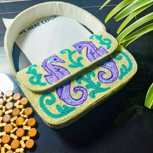 Handmade Purple Beaded Clothing Organizer Storage Bags Sea Turtle Embroidery Eco-Friendly Durable 100% Cotton Jewelry Single