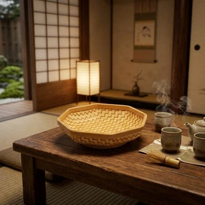 Octagonal Bamboo Woven Handmade Modern Storage Basket with Fine Wave Pattern Eco-Friendly Kitchen & Living Room Food Container