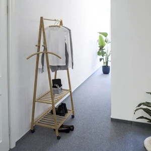 Rolling Bamboo Coat Rack Stand with Coat Rail Shelves Hooks Single Tier for Living Room and Bathroom Clothes Storage