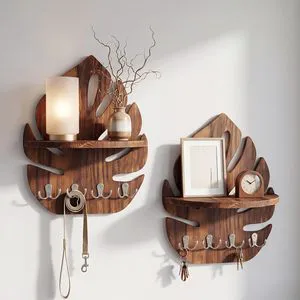 Set of 2 Monstera Leaf Wall Shelves with Key Holder 15.8 x 12.4 Inch Rustic Wooden Floating Shelves Boho Tropical Wall Decor