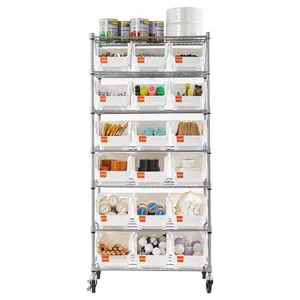 7-Tier Rolling Bin Storage Rack 18 Organizer Bins Steel Wire Shelving System Mobile Tool Organizer with Wheels for Garages