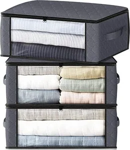 Storage 3-Pack Clothes Organizer Storage Bags Foldable Storage Box with Large Clear Window Sturdy Handles for Closet