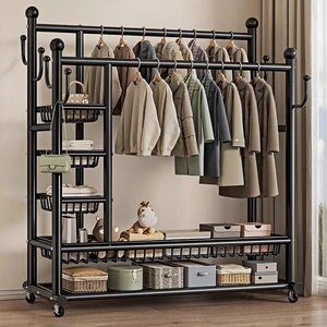 Iron Hanging Rack Floor Bedroom Indoor Double Rod Drying Clothes Coat Hat Rack Movable Multi-function Indoor Use