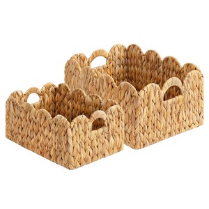 Scalloped Edge Wicker Storage Basket with Handles Rectangle Water Hyacinth Basket for Organizing, Decorative Woven Rattan Basket