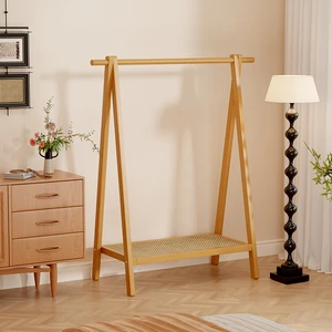 Natural Bamboo Freestanding Coat Rack with Rattan Shelf for Bedroom Living Room Hanging Storage Organizer