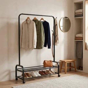 Coat Rack with Side Hooks and Wheels Heavy Duty Clothes Hanging Drying Rack with 2-Tier Storage Shelves for Bedroom Entryway