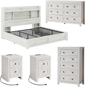 Farmhouse Bedroom Furniture King Size Set 5 Pieces Luxury Modern Furniture With Dresser Tall Chest 2 Nightstand King Bed Frame