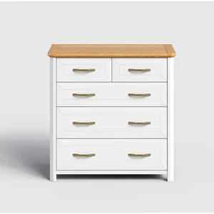 Scandinavian Style 5-Drawer Solid Wood Lowboy Dresser with White Finish and Oak Top for Bedroom Storage