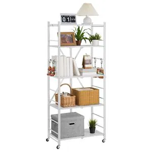 5-Tier Foldable Storage Shelf 28 W X 15D X 64H Inch No Assembly Required Folding Metal Rack Shelving Unit 5 Wheels for Garages