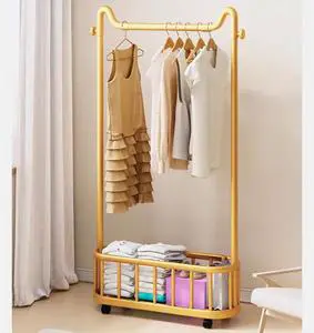 Customize Movable Single-rod Metal Coat Rack with Storage Basket Rust-proof Clothes Drying Rack for Bedroom Balcony