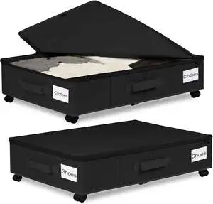 Under Bed Storage with Wheels Containers with Label Holders for Clothes Shoes and Blankets Rolling Underbed Shoe Organizer Large