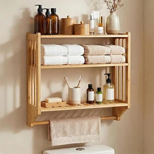 2-in-1 Bamboo Bathroom Wall Shelf With Towel Bar 3-Tier Countertop Spice Rack Organizer For Kitchen Storage