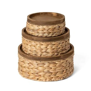 Woven Water Hyacinth Storage Basket With Wood Lid Set of 3 Handmade Storage Basket Wholesale Eco-friendly