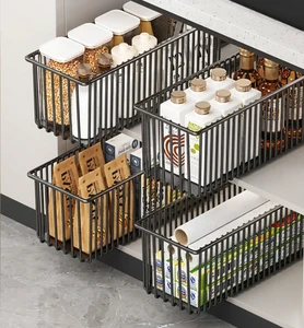 Space Saving Slim Pull-Out Pantry Basket Heavy Duty Carbon Steel Smooth Sliding Modern Organizer for Worktop Cupboard