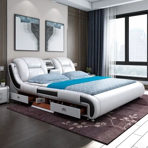 Modern Minimalist Leather Smart Massage Bedroom Bed Under Storage 2 Drawers Comfortable Soft Multi-functional Bed Frame