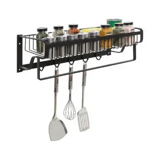 Modern Wall Mounted 5 Hook Black Metal Wire Bathroom Storage Basket Shelf Kitchen Organizer Rack