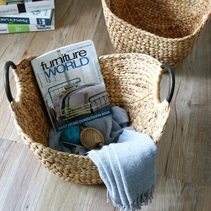 Handcrafted Premium Eco-Friendly Water Hyacinth Storage Basket Strong Handles Woven Multifunction Organizer for Clothes Toys
