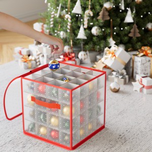 Transparent Christmas Ball Storage Box Organizer for 64 Holiday Ornament Balls with Zipper