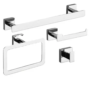 Modern Silver Square Bathroom Hardware Set 4 Pcs Stainless Steel Towel Bar Toilet Paper Holder Towel Ring Robe Hook Wall Mounted