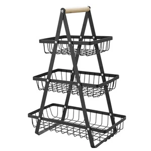 Factory Wholesale 3 Tier Iron Kitchen Storage Rack Multifunctional Rectangle Fruit Snack Basket With Wooden Handle For Home Use