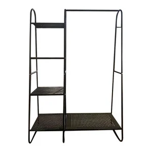 Multifunctional Iron Coat Rack with Side Storage Shelves Freestanding Garment Hanging Rack for Apartment Dormitory
