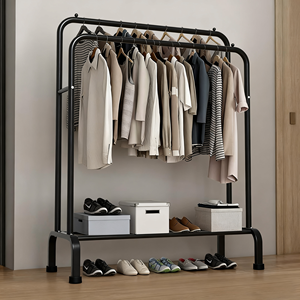 Home Metal Organizer Move Freely Double Rod Portable Cloth Drying Rack Hanging Garment Shoe Rack With Commodity Shelf And Wheel