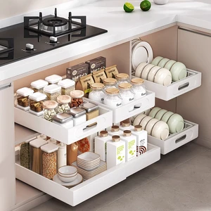 Heavy-Duty Metal Double 2-Layer Space-Saving Kitchen Cabinet Organizer Extendable Pull Adhesive Film Home Drawer Accessories for