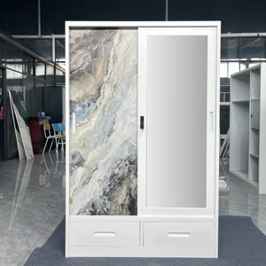 Storage Bedroom Furniture Wardrobe Closet Cloth Clothes White Pattern Style Time Packing Modern Steel Wardrobe Mirror