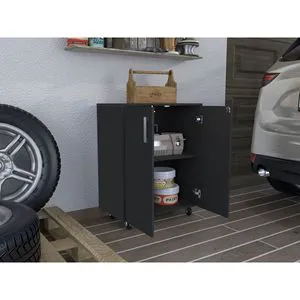 Black Wengue Finish Double-Door Storage Cabinet with Casters Garage Shelves by Lions