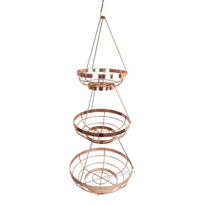 Nordic Luxury Rose Gold Plating Metal Iron Wire 3 Tiers Hanging Fruit and Vegetable Basket