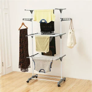 Foldable 3 Tier Rolling Collapsible Cloth Drying Rack Stand Indoor Dark Metal Laundry Rack Simple Garment Wheels Towel Hanger