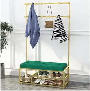 Clothes Rail Coat Rack Entryway Coat Rack Shoe Bench Iron Wrought Hall Tree Coat Stand with 2 Storage Shelf Hooks Clothing Store