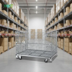 Durable Half Open Door Mesh Design Stacking Warehouse Wire Baskets on Wheels