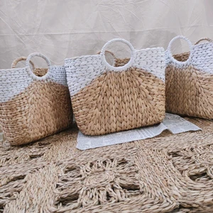 Handwoven Set Natural Water Hyacinth Storage Basket with Handles Seagrass Organizer Basket Shopping Home Decor by Vietnam