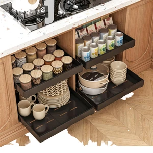 2 Pack Telescopic Pull-Out Kitchen Cabinet Organizer Drawers with Adjustable Metal Carbon Steel Adjustable Width No Drilling