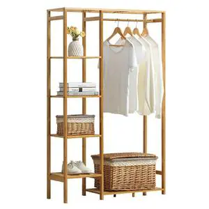 Wholesale Bamboo Coat Rack with 4 Tier Storage Shelves for Clothing Organizer,Modern Bamboo Coat Rack,Wardrobe Closet Organizer
