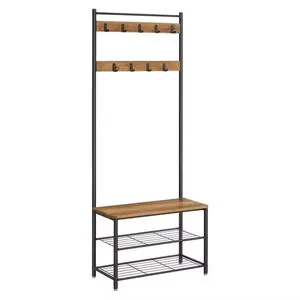 Floor Standing Coat Rack Entryway Storage Rack with Unique Double Hooks Metal Wooden Coat Rack Shoe Bench