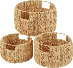 Hand Woven Large Water Hyacinth Wicker Storage Basket Two Handles Bohemian Style Foldable Organizing Food Cover Vietnam Origin