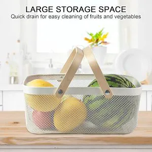Mesh Harvest Storage Basket with Bamboo Handle, Portable Metal Wire Basket Space Saving Organizer for Garden Kitchen Picnic