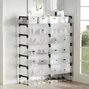 2 Row 7-Layer Large Capacity Dustproof Shoe Rack Stand 40-50 Pairs Shoes And Boots Metal Shoe Organizer For Entryway,Bedroom