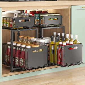 Amz Hot Metal Double Sliding Pull Out Folding Floor Type Cabinet Organizer Under Sink Spice Rack Organizer