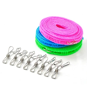 Nylon Non-Slip Multifunctional Windproof Clothesline with Stainless Steel Pegs,Colorful Nylon Drying Rope for Home & Travel
