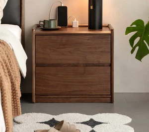 Modern Nordic Black Walnut All Solid Wood Nightstand With 2 Drawers For Bedroom And Living Room