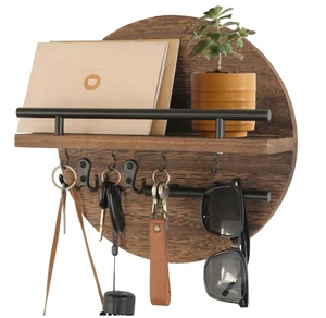 Wooden Wall Mounted Storage Rack for Living Room Home Decor Key Bag Tool Organization with Hooks Modern Round Design
