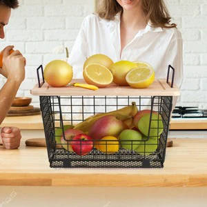 Fruit and Vegetables Wire Basket with Wooden Board Lids for Kitchen OEM/ODM Mesh Basket Bottom Metal Basket