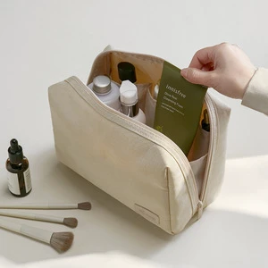 Eco Friendly Modern Open Washed Canvas Waterproof Travel Cosmetic Bag Separated Pockets Organizer for Facial Care Essential Oil