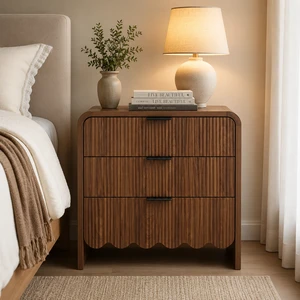 3 Drawer Wave Fluted Nightstand, Curved Edge Storage Chest for Bedroom Apartment