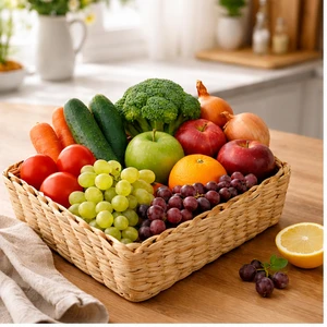 Vintage Traditional Woven Water Hyacinth Storage Basket Rectangle Handmade Fruit Vegetable Organizer Home Kitchen KOTTRAVAI