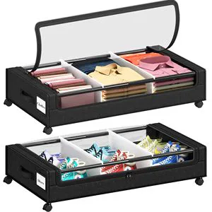 2 Pack Modern Wooden Under Bed Storage with 4 Dividers Wheels Clear Lids & Handles for Clothes and Shoes
