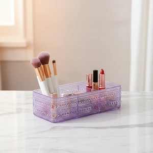 Modern Plastic Space Saving Durable Three Compartment Multifunctional Cosmetic Storage Box for Vanity Table Organization